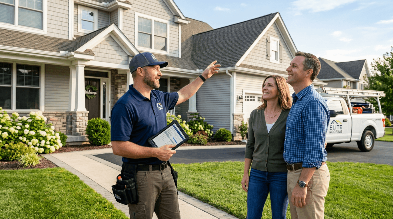 FD Roofing contractor talking with customer in front of their home